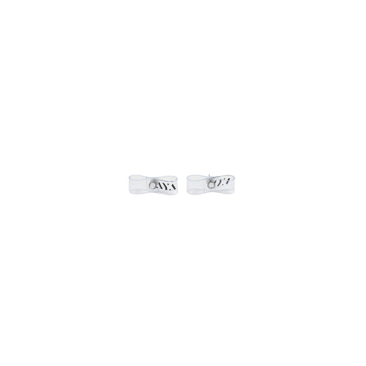 SPACE SUIT EARRING 3cm in clear by AYA. Ribbon motif made in Japan.