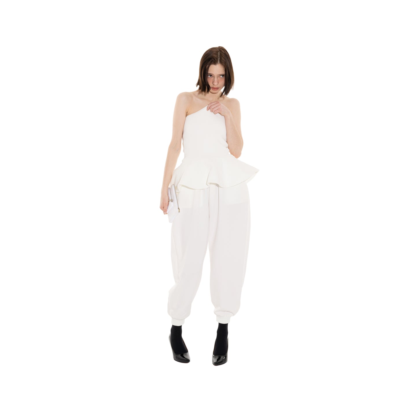 SPACE SUIT bontan PANTS & CORSET BELT in off white original knit jersey by AYA. Made in Japan.