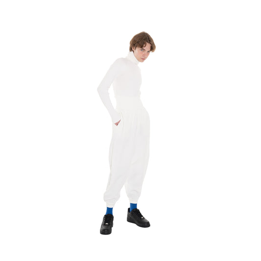 SPACE SUIT bontan PANTS & TURTLENECK  in off white original knit jersey by AYA. Made in Japan.