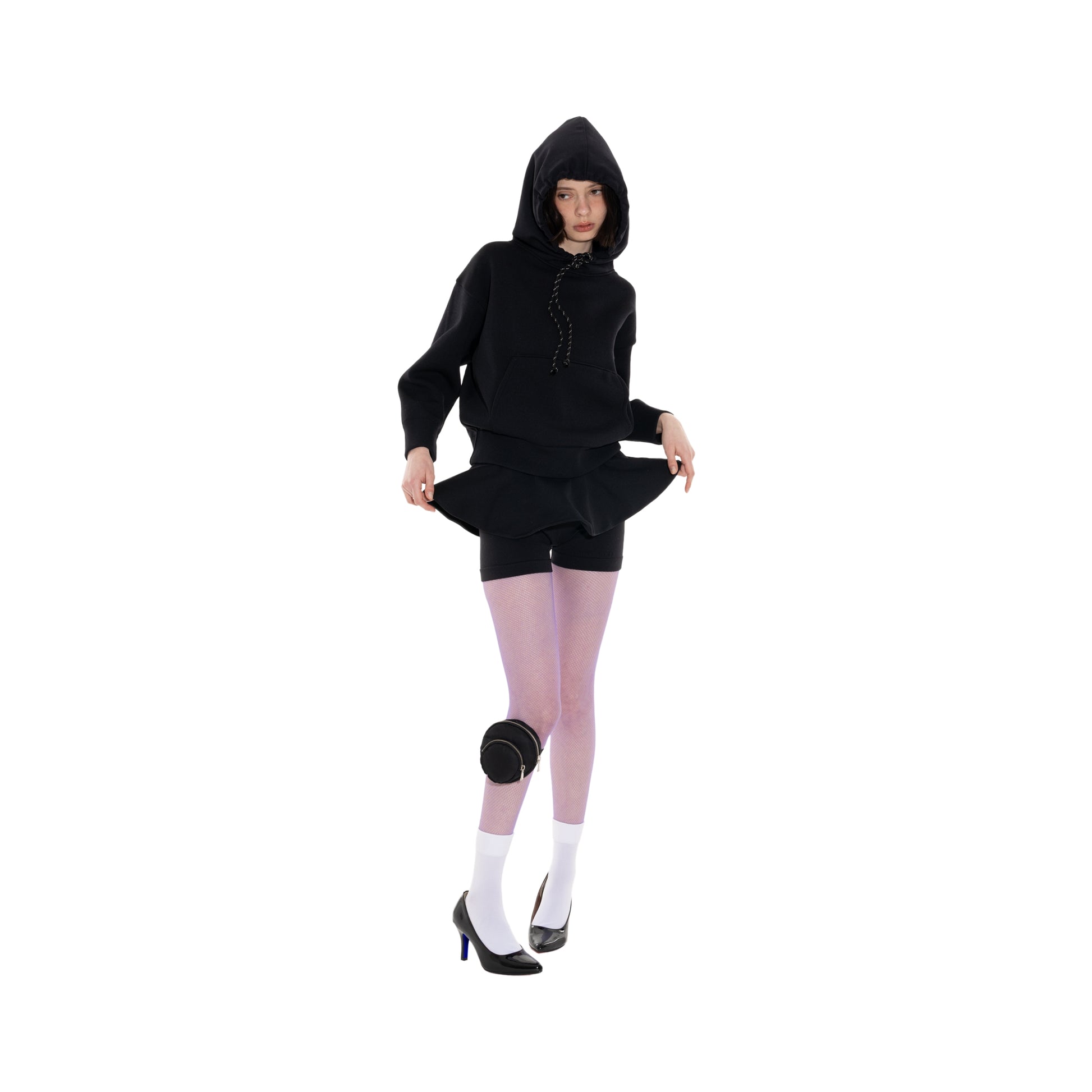 SPACE SUIT CORSET BELT & PARKA & BYKER PANTS in black original knit jersey by AYA. Made in Japan.
