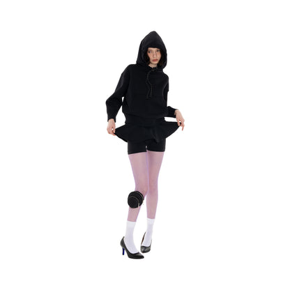 SPACE SUIT CORSET BELT & PARKA & BYKER PANTS in black original knit jersey by AYA. Made in Japan.
