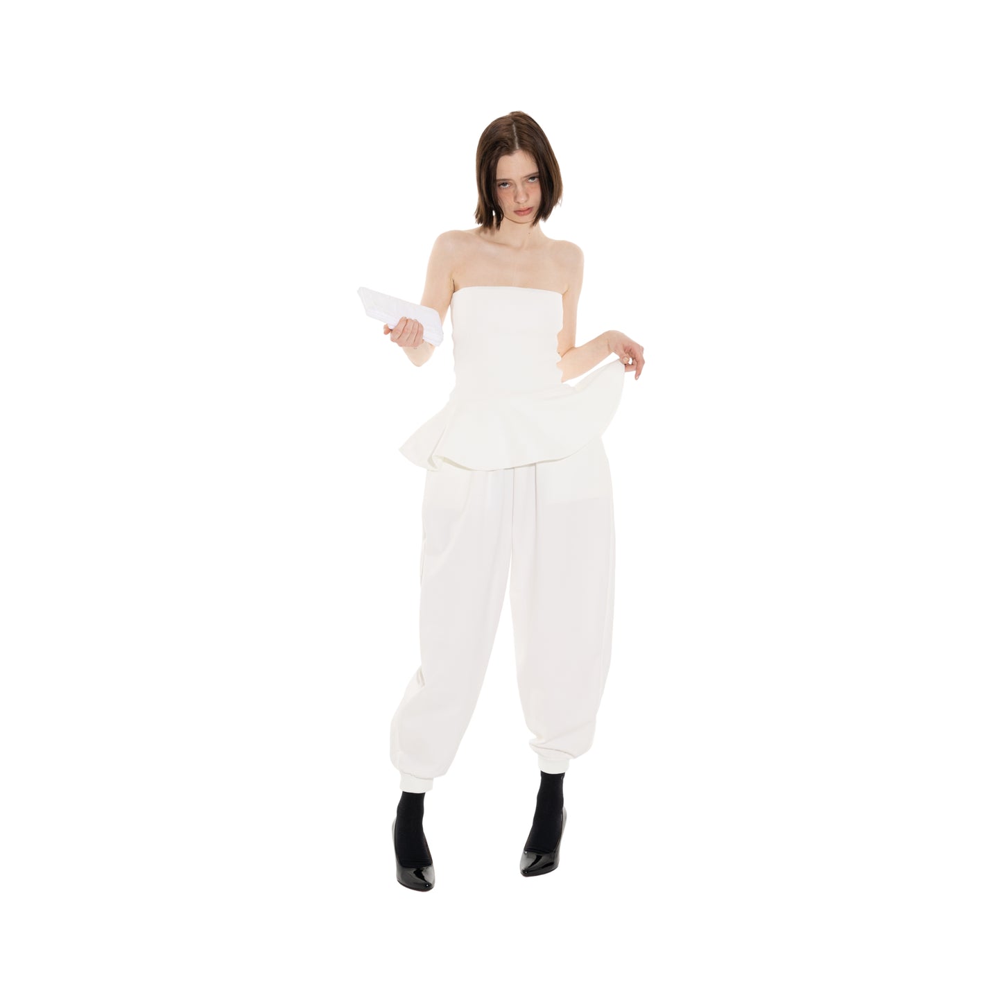 SPACE SUIT CORSET BELT & bontan PANTS in off white original knit jersey by AYA. Made in Japan.