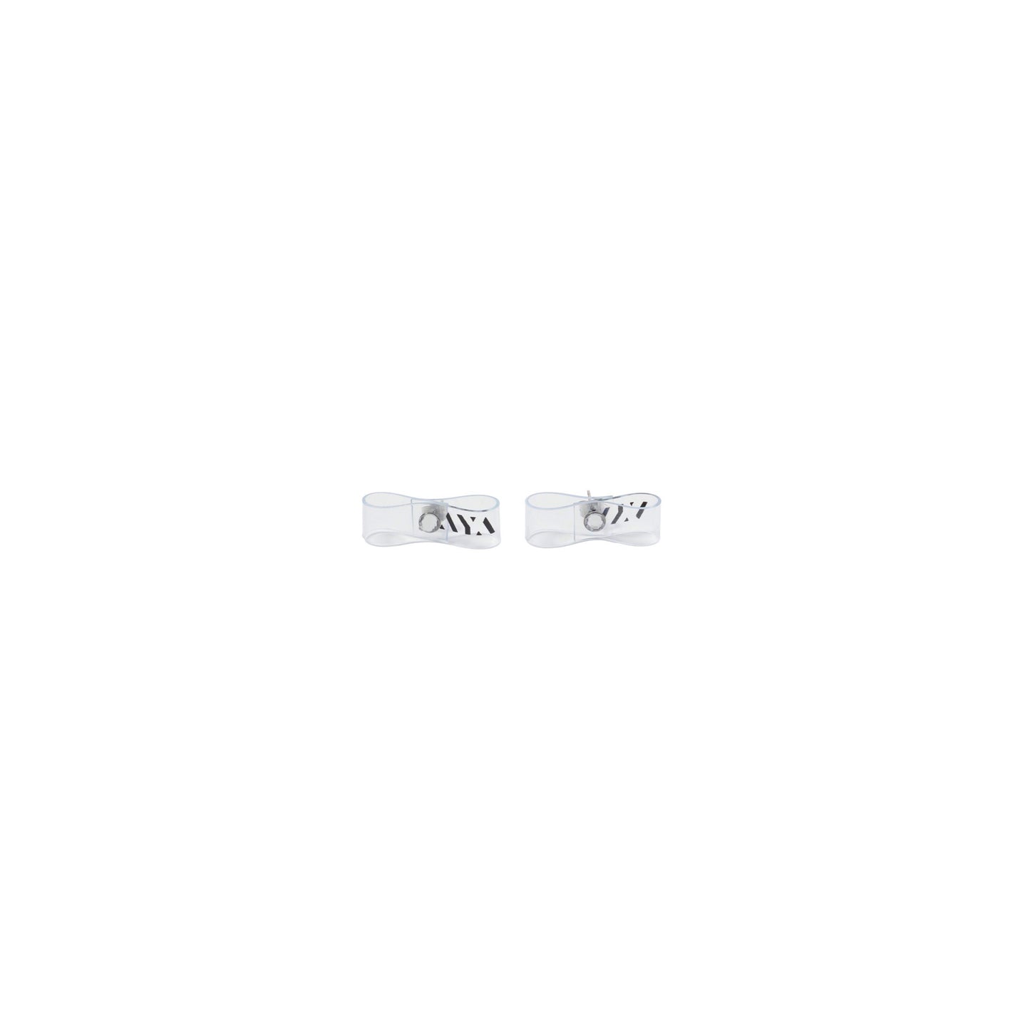 SPACE SUIT EARRING 3cm in clear by AYA. Ribbon motif made in Japan.