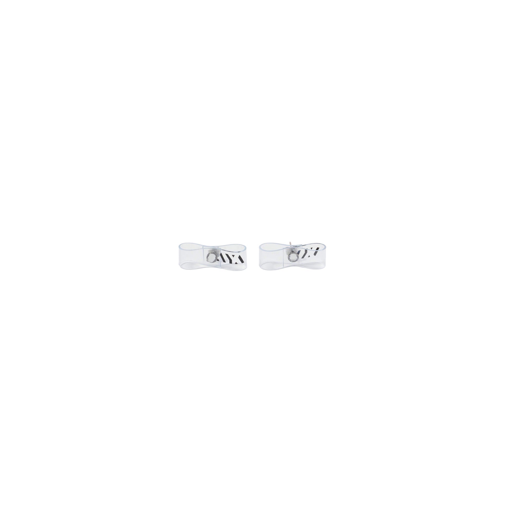 SPACE SUIT EARRING 3cm in clear by AYA. Ribbon motif made in Japan.