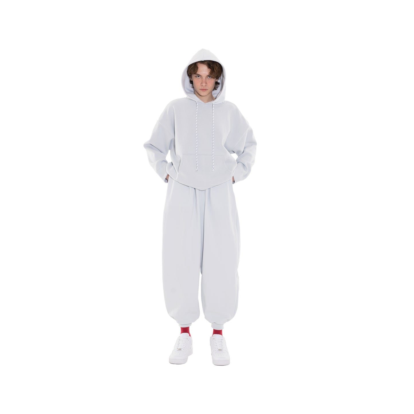SPACE SUIT PARKA & bontan PANTS in sax blue original knit jersey by AYA. Made in Japan.