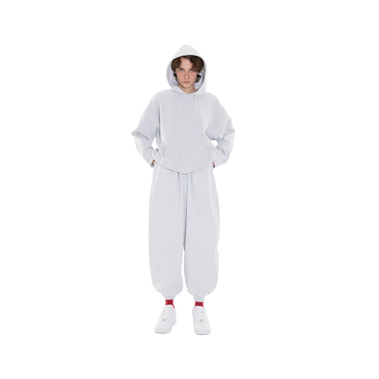 SPACE SUIT PARKA & bontan PANTS in sax blue original knit jersey by AYA. Made in Japan.