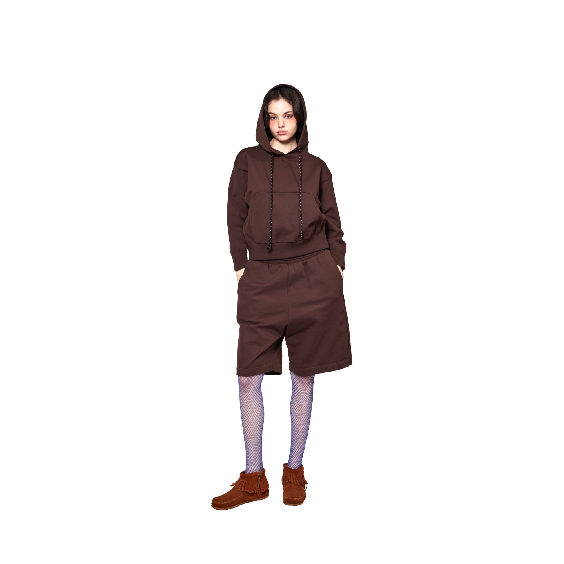 SPACE SUIT SHORT PANTS & PARKA in brown original knit jersey by AYA. Made in Japan.