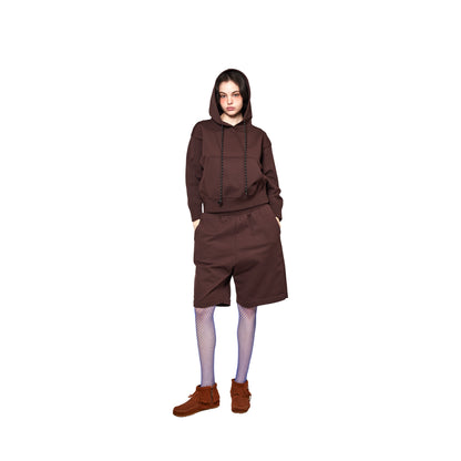 SPACE SUIT SHORT PANTS & PARKA in brown original knit jersey by AYA. Made in Japan.