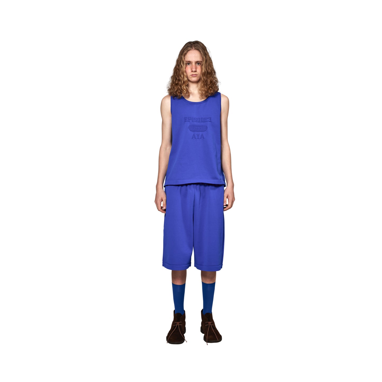 SPACE SUIT TANK TOP & SHORT PANTS in blue original knit jersey by AYA. Made in Japan.