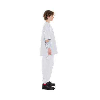 SPACE SUIT TEE & bontan PANTS in sax blue original knit jersey by AYA. Unisex pants made in Japan.