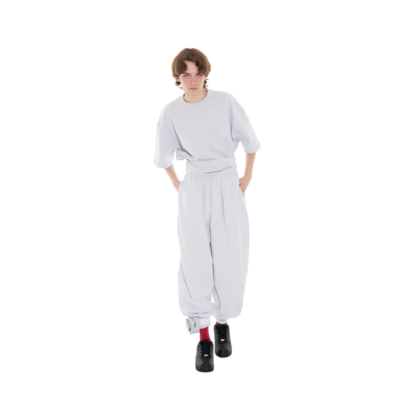 SPACE SUIT TEE & bontan PANTS in sax blue original knit jersey by AYA. Unisex pants made in Japan.