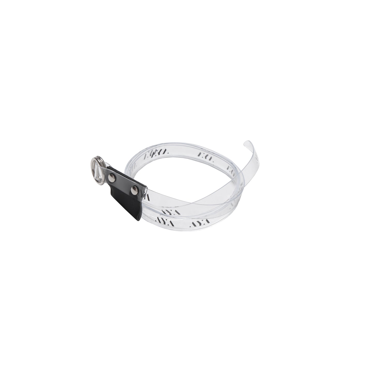 AYA transparent PVC belt with printed logo, made in Japan.